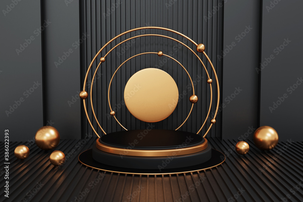 Black and gold podium on black background,geometry podium shape for display product, 3d rendering.