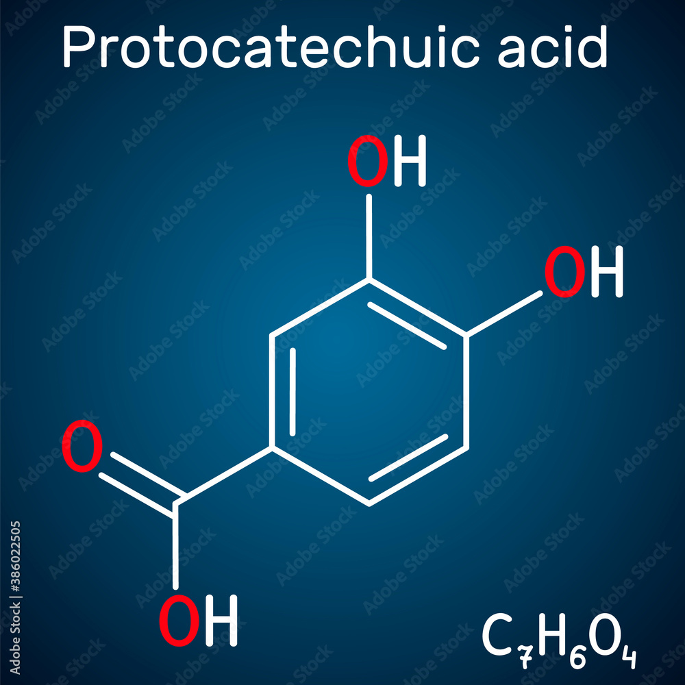 Protocatechuic acid, PCA molecule. It is 3,4-dihydroxybenzoic, phenolic acid, metabolite of antioxidant polyphenols, catechol, is found in green tea. Dark blue background