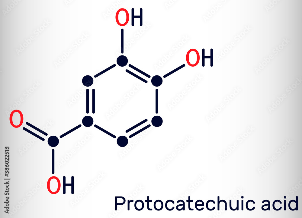 Protocatechuic acid, PCA molecule. It is 3,4-dihydroxybenzoic, phenolic acid, metabolite of antioxidant polyphenols, catechol, is found in green tea. Skeletal chemical formula Protocatechuic acid, PCA molecule. It is 3,4-dihydroxybenzoic, phenolic acid, metabolite of antioxidant polyphenols, catechol, is found in green tea. Skeletal chemical formula