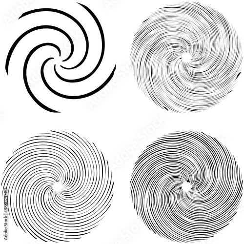 Circular Spiral, swirl, twirl design element. Concentric, radial and radiating burst of lines with rotation, gyre and curved distortion
