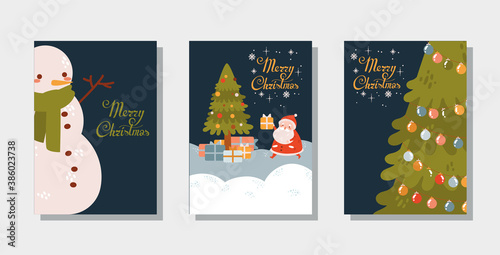 Set of vector Christmas postcards with Santa and elves. Winter landscape. Christmas tree, winter snow landscape. Collection of merry christmas cards, prints. Dark background. 