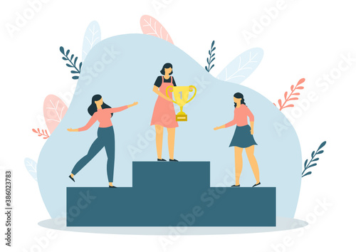 Woman celebrating victory, achieving reward, prize. People Success vector concept illustration. Business leader characters. Businessman and businesswoman winning trophy.