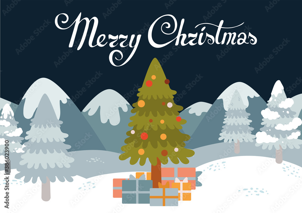Cute cartoon vector Christmas tree with toys and presents, gift. Merry christmas and happy new year postcard. Vintage greetings. Winter landscape with forest, snow and mountains. Cute cartoon vector Christmas tree with toys and presents, gift. Merry christmas and happy new year postcard. Vintage greetings. Winter landscape with forest, snow and mountains.
