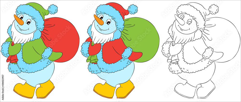 Vector funny snowman character dressed as santa. Black and white outline for coloring books