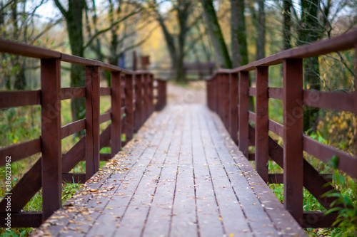 wooden bridge in autumn Park   shallow depth of field.