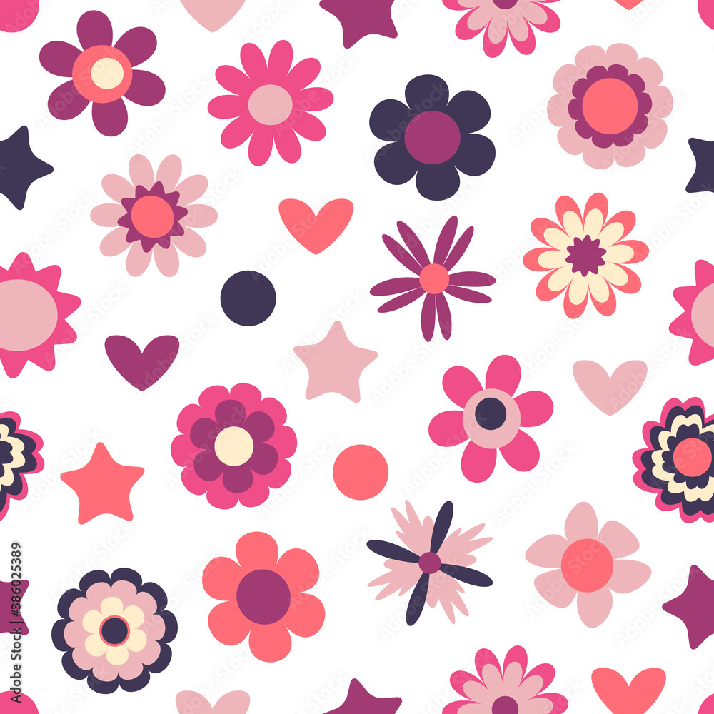 Seamless pattern with pretty flowers, stars and hearts. Floral colorful design for baby products, fabric, wallpaper and more