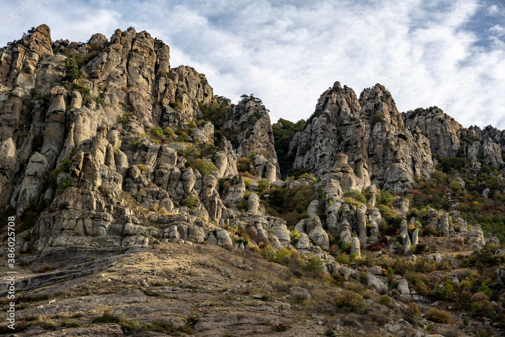 panoramic view of the mountains and the valley against the backdrop of green pine trees and autumn sky