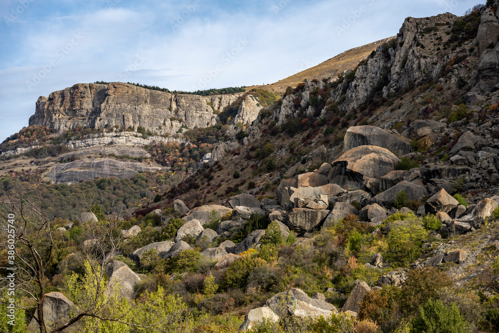 panoramic view of the mountains and the valley against the backdrop of green pine trees and autumn sky panoramic view of the mountains and the valley against the backdrop of green pine trees and autumn sky