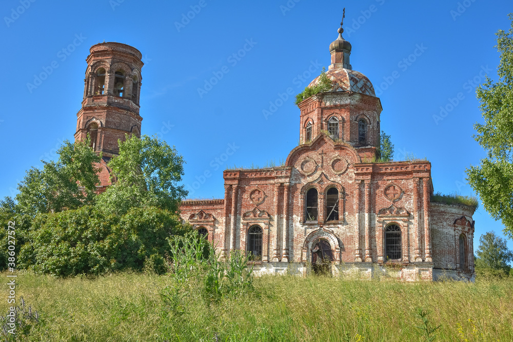 Old brick abandoned orthodox Church of the Trinity Church. abandoned Trinity Church in the village of Zasechnoye. abandoned red brick church in the thicket, abandoned temple in the field Old brick abandoned orthodox Church of the Trinity Church. abandoned Trinity Church in the village of Zasechnoye. abandoned red brick church in the thicket, abandoned temple in the field