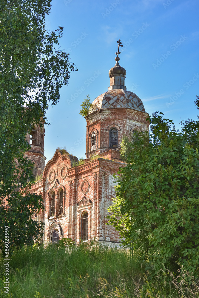 Old brick abandoned orthodox Church of the Trinity Church. abandoned Trinity Church in the village of Zasechnoye. abandoned red brick church in the thicket, abandoned temple in the field Old brick abandoned orthodox Church of the Trinity Church. abandoned Trinity Church in the village of Zasechnoye. abandoned red brick church in the thicket, abandoned temple in the field