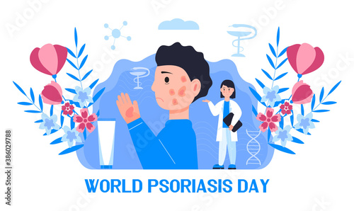 World psoriasis day in October 29th concept vector. Sad cute boy with disease of the skin and dermatological problems. Doctor treat patient. Health care concept vector for flyer