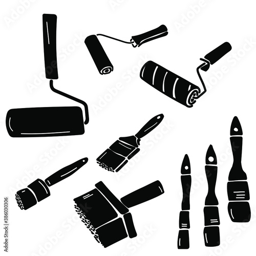 Set of silhouettes of paint brushes and rollers of various shapes and sizes, tools for wall painting and repair, vector illustration for design