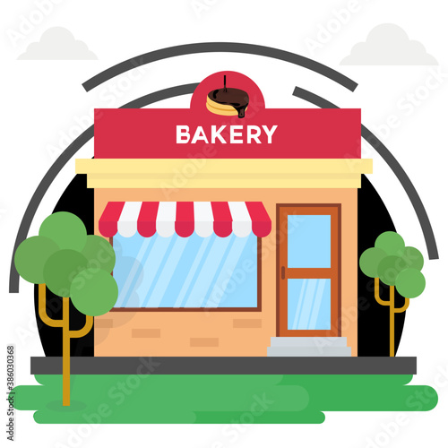 
The facade of a bakery shop, flat vector icon
