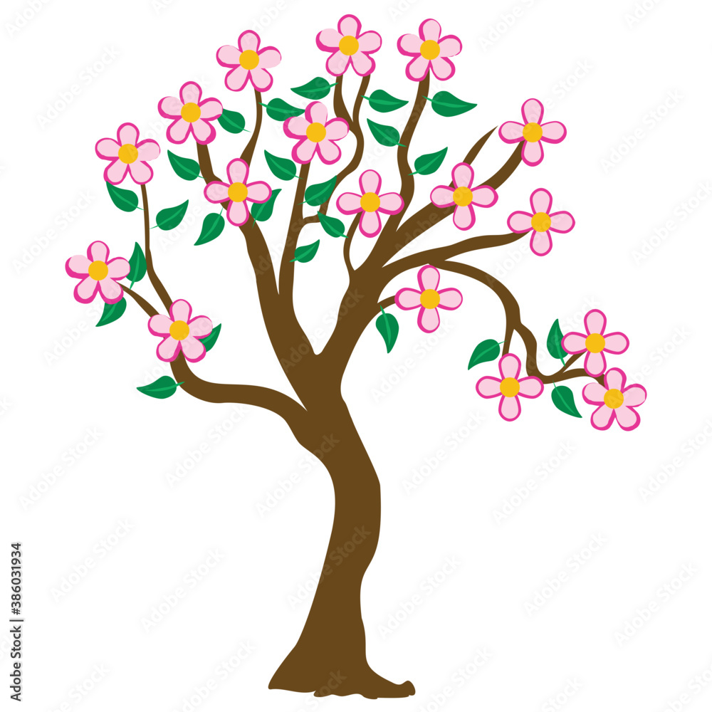 Fototapeta premium A flowering seasonal spring tree, flat icon vector 