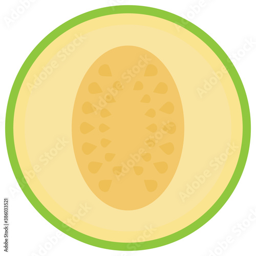 
A round shaped fruit having small seeds, cantaloupe
