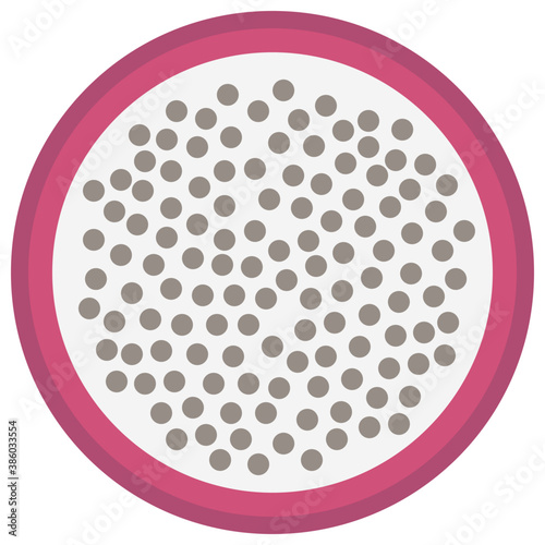 
A round shape fruit having  seeds depicting pitaya 
