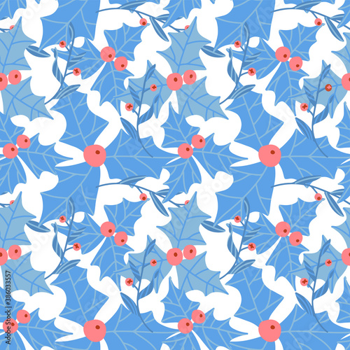 Seamless pattern with holly. Christmas background in blue, red and white colors. Flat hand drawn illustration.