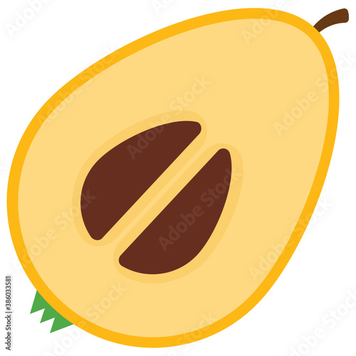 
A half cut piece of fruit with seeds, sapodilla
