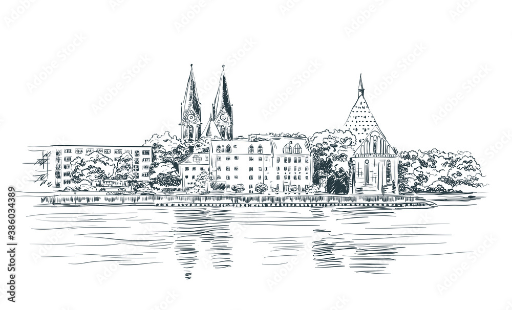Fototapeta premium Hand drawn sketch Brandenburg State Orchestra. Peace Church, Friedenskirche. Concert Hall Carl Philipp Emanuel Bach. Frankfurt an der Oder , Germany. Vector