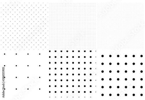 Black and white seamless circles, dots, speckles pattern set. Monochrome stipple, stippling, halftone background set. Vector
