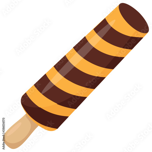 
Waffle cone filled with vanilla ice cream scoop and chocolate syrup
