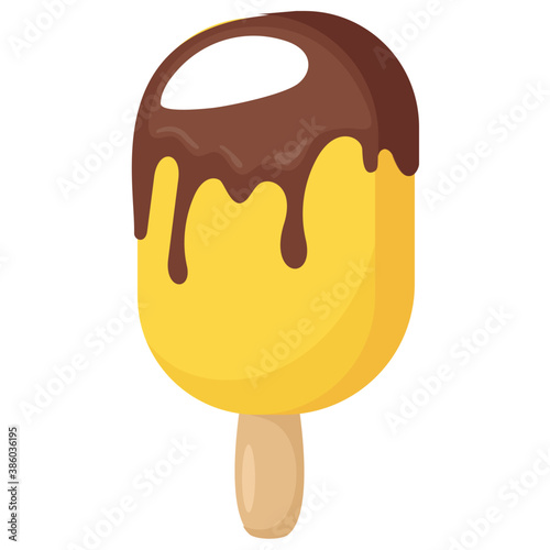 
Waffle cone filled with vanilla ice cream scoop and chocolate syrup
