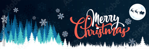 merry christmas banner with winter landscape background. Card Design includes snowflakes, xmas trees, moon and flying santa with holiday deers. Vector illustration