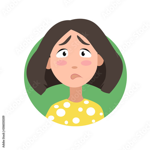 Female user profile. Avatar is a woman. A character for a screen saver with emotions. For website and mobile app design. Vector illustration on a white isolated background.