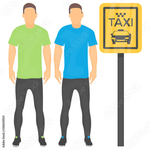 road sign with checks and taxi sticker, engraved on road with stick to offer taxicab stand icon
