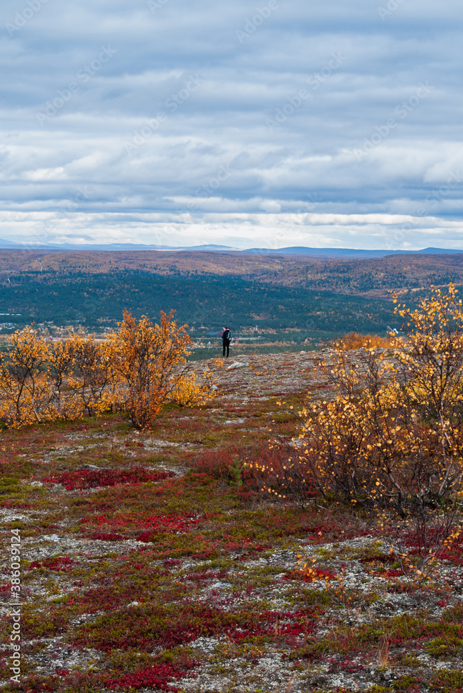 Φωτογραφία A woman enjoying the scenery of mountains and colorful autumn in Norway