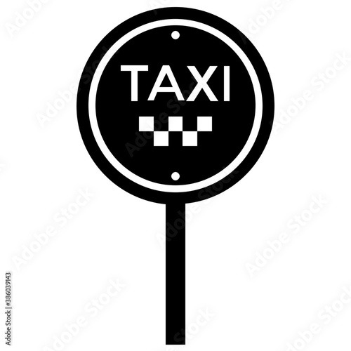 
Round shaped road sign with checks and taxi sticker, engraved on road with stick to offer taxicab stand icon
