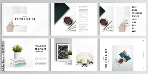 Vector layouts of presentation design templates for brochure, cover design, flyer, book design, magazine, poster. Home office concept, study or freelance, working from home.