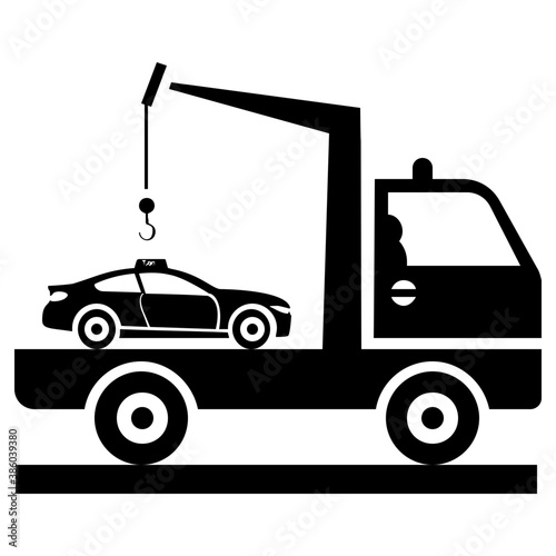 
Tow truck taking transporting a taxicab, showing vehicle impoundment icon 
