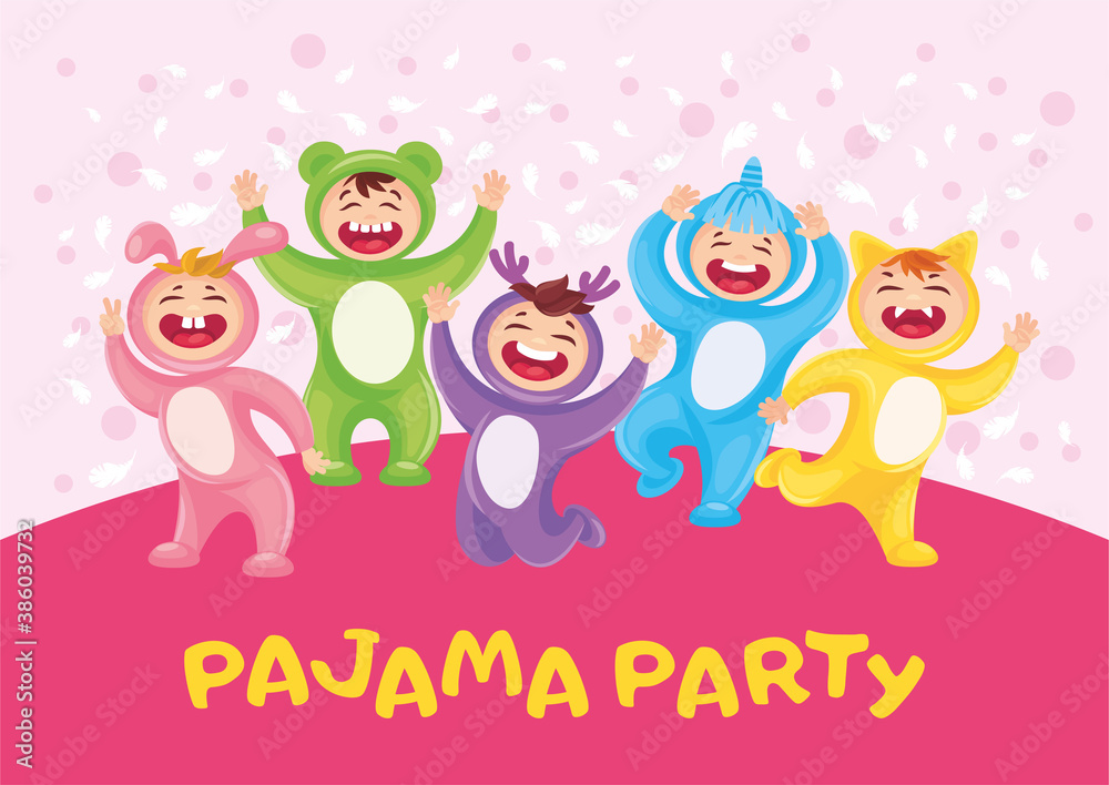 PAJAMA PARTY POSTER DESIGN WITH CHARACTERS HARE, BEAR, DEER, UNICORN, CAT PAJAMA PARTY POSTER DESIGN WITH CHARACTERS HARE, BEAR, DEER, UNICORN, CAT