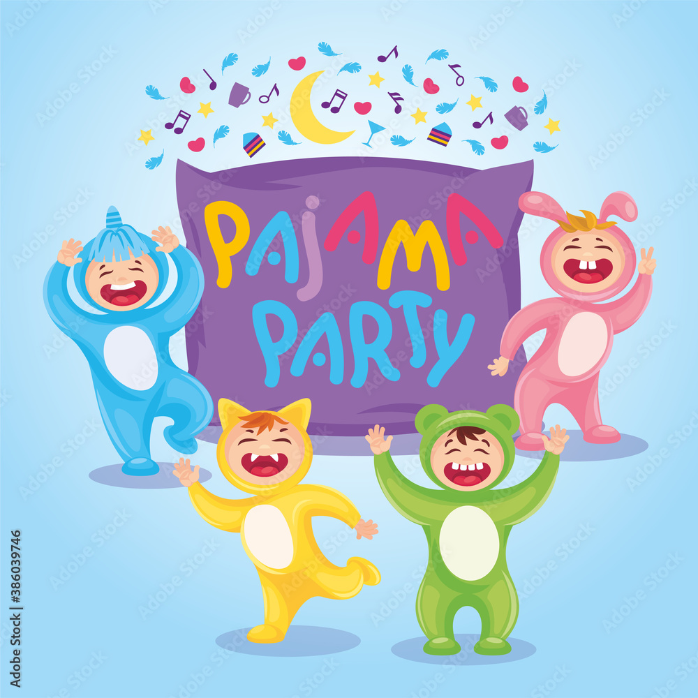 PAJAMA PARTY CARD DESIGN WITH CHARACTERS IN KIGURUMI UNICORN, CAT, BEAR, HARE PAJAMA PARTY CARD DESIGN WITH CHARACTERS IN KIGURUMI UNICORN, CAT, BEAR, HARE