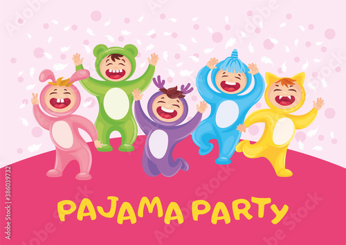 PAJAMA PARTY POSTER DESIGN WITH CHARACTERS HARE  BEAR  DEER  UNICORN  CAT