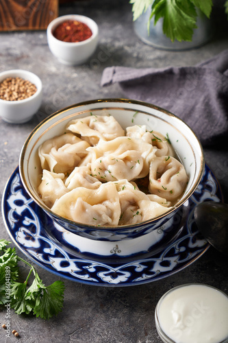 Traditional azian Manti, dumplings with minced meat Close up