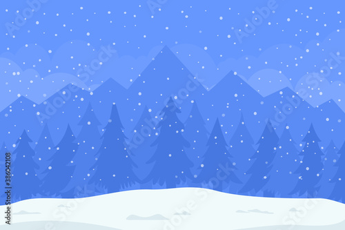 Winter background with mountains and fir trees in snow. Christmas and New Year vector illustration.