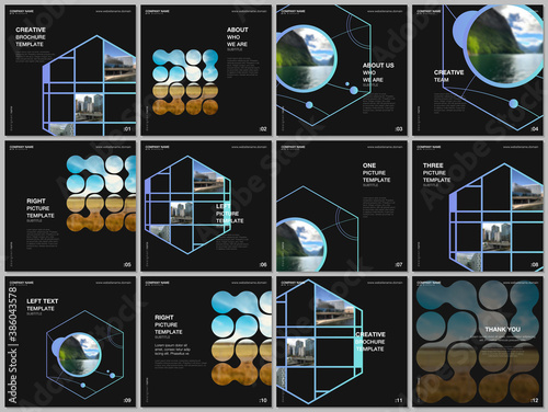 Brochure layout of square format covers templates for square flyer leaflet, brochure design, report, presentation, magazine cover. Abstract smart technology design with hexagons and place for photo.