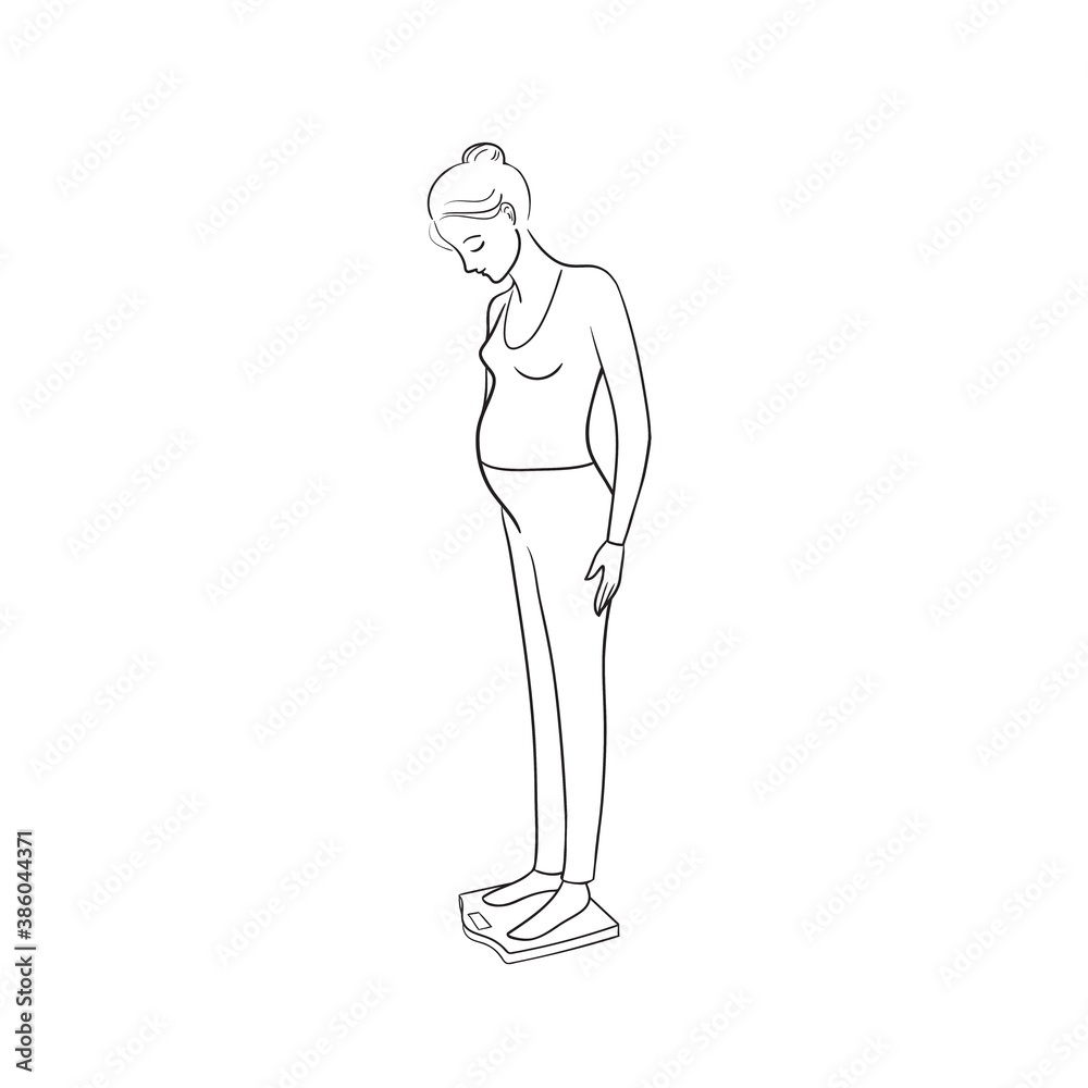 A pregnant woman is standing on the scales.Pregnancy weight control concept.Black and white illustration isolated on white background. A pregnant woman is standing on the scales.Pregnancy weight control concept.Black and white illustration isolated on white background.