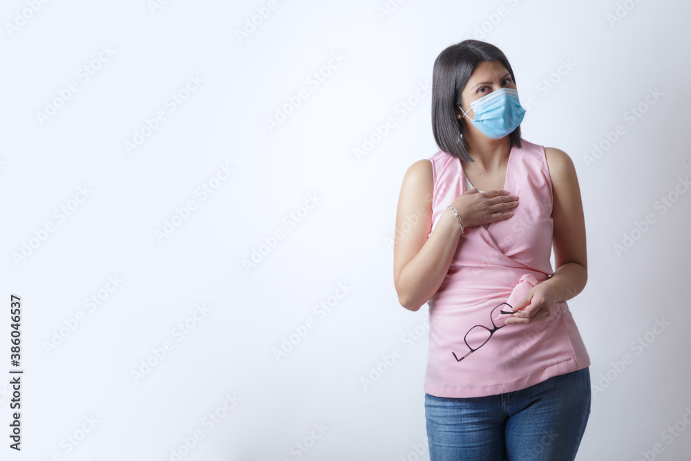 woman with mask posing with casual attire and glasses woman with mask posing with casual attire and glasses