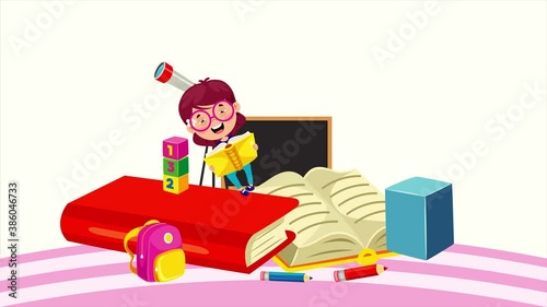 Happy School Children Studying And Learning
