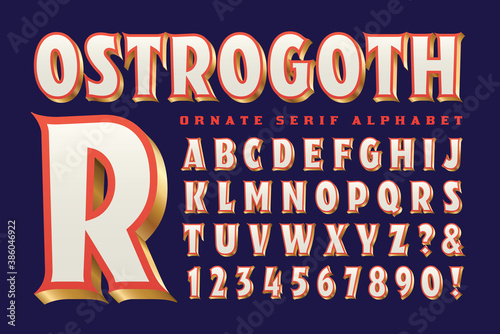 Ostrogoth ornate alphabet, a vintage style red and white font with golden edges. This lettering has a vintage circus, steampunk, goth, or carnival vibe.