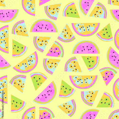 Seamless pattern vector drawings of handmade watermelon berries on a pastel background, flat design, cartoon. Sweet background, symbol, packaging, gifts, holiday, postcard, decoration.