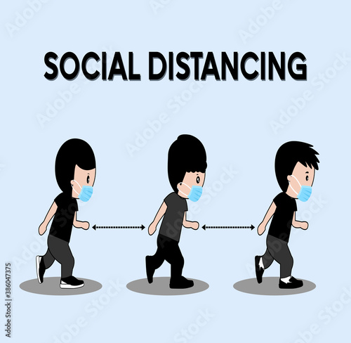 Social Distancing and New normal life, keep distance in public society people to protect from COVID-19 coronavirus outbreak spreading concept. Group of people wearing a face mask with arrow distance b