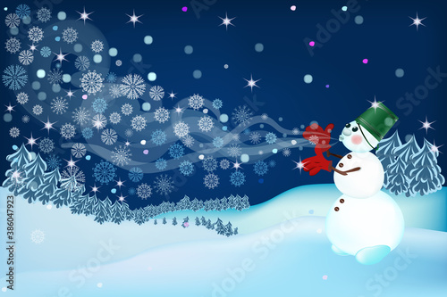 A snowman blowing cool snowflakes and making a Blizzard and wind. Decorative Christmas and new year vector illustration. A fabulous image for a holiday, greeting card or banner.