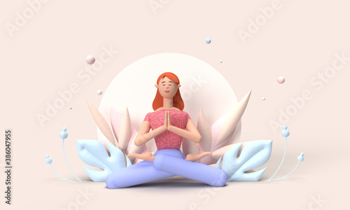Illustration 3D d'une jeune femme faisant du yoga. posture zen. posture méditation. Ambiance zen. bien être