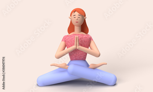Illustration 3D d'une jeune femme faisant du yoga. posture zen. posture méditation. Ambiance zen. bien être