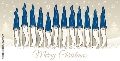 Christmas card, from all of us, team of gnome in a row with dark blue hats, hand drawing, vector, illustration