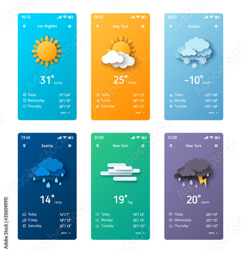 Weather forecast app widgets set. Vector illustration. Daily application template with paper cut climate icons. Thunderstorm, rain, sunny day, fog and winter snow.